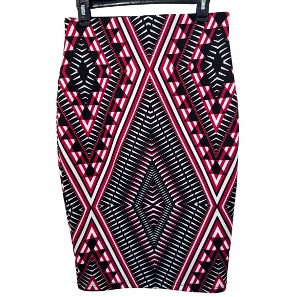 Sequin Hearts Pencil Skirt Black Red White Geometric Pattern Stretch Waist Med. - Picture 2 of 3